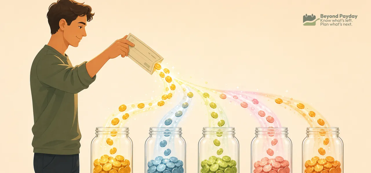 Man pouring coins from a wooden box into five clear jars containing different colored coins, representing diversified savings categories or investment allocation.