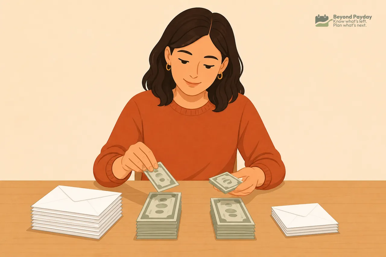 Woman in orange shirt organizing cash and paper stacks on a wooden table, representing income and expense sorting for budgeting purposes.