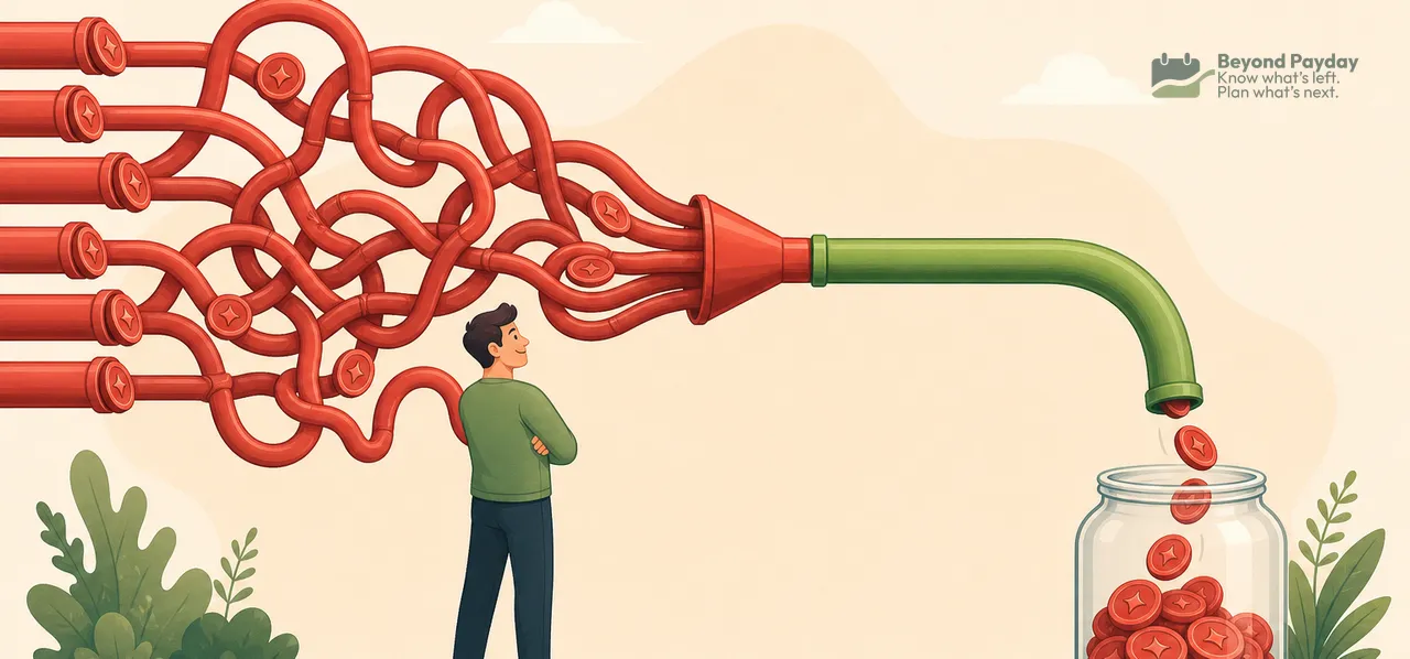 A man stands observing tangled red pipes with dollar symbols flowing through them into a clear jar, symbolizing confused money management channeling into savings.