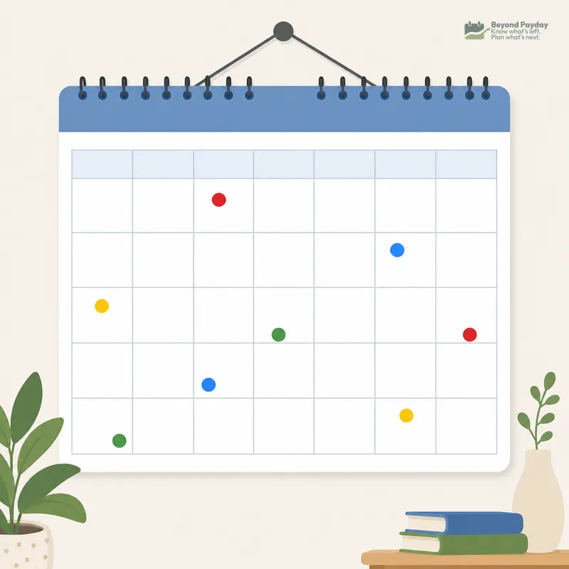 Wall calendar with blue spiral binding shows a month grid marked with colored dots representing bill due dates scattered across various days.
