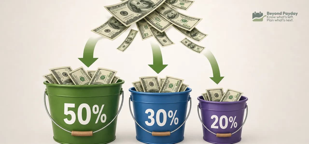 Three colored buckets labeled Needs (50%), Wants (30%), and Savings/Debt-Payoff (20%) collect falling dollar bills from above, demonstrating the 50/30/20 budgeting allocation method.