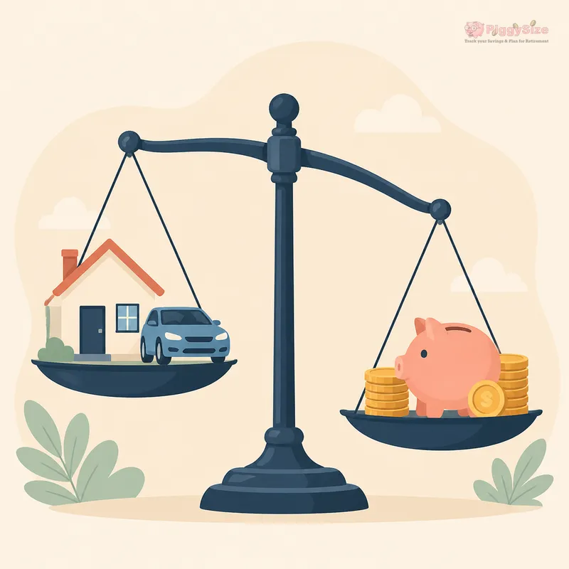 A balanced scale with a house and car on the left side and a piggy bank surrounded by stacked coins on the right side, both sides evenly weighted against a soft cream background.