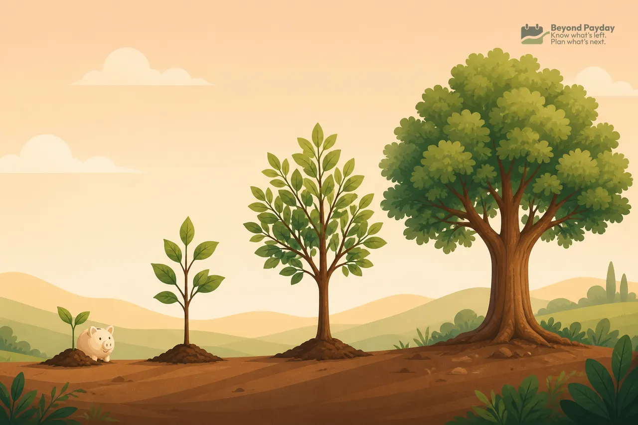 Four stages of tree growth from seedling to mature oak displayed left to right against rolling hills, with a small piggy bank at the base of the smallest plant.