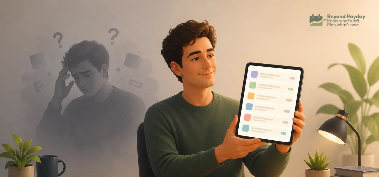 Young man in green shirt holds a tablet displaying a colorful checklist app while seated at a desk, with shadowy confused figures and question marks visible in the background.