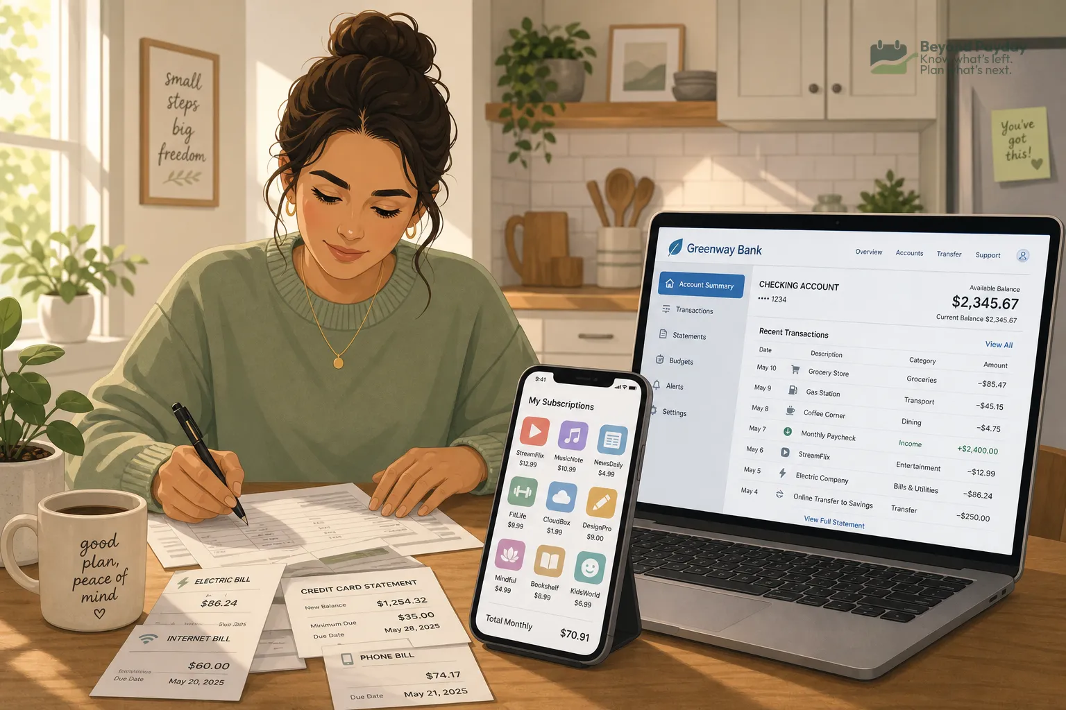 Woman in green shirt sits at kitchen table writing notes while reviewing paper receipts, with a laptop displaying a bank account dashboard and a smartphone showing app icons nearby.