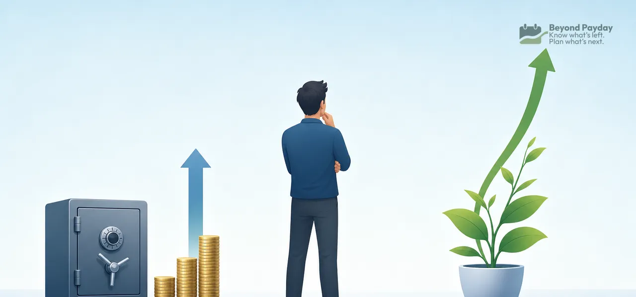 Man in business suit stands thoughtfully between a safe, stacked coins with blue upward arrow, and a potted plant with green growth arrow, symbolizing financial security and investment growth.