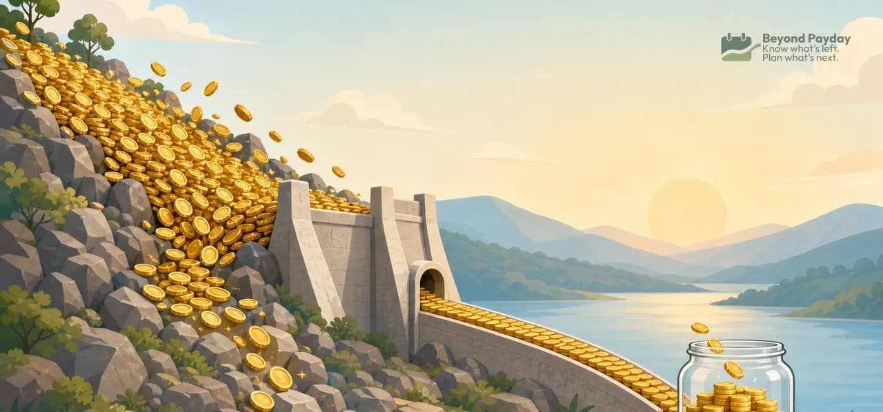 Golden coins cascade down a rocky hillside through a dam structure into a collection jar, symbolizing accumulated savings flowing toward retirement goals.