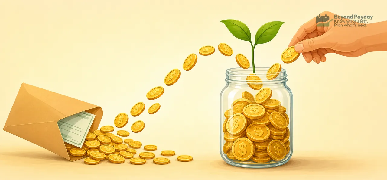 An open orange envelope spills gold dollar coins onto a beige surface, while a hand drops coins into a glass jar containing a sprouting green plant, symbolizing wealth growth and investment.
