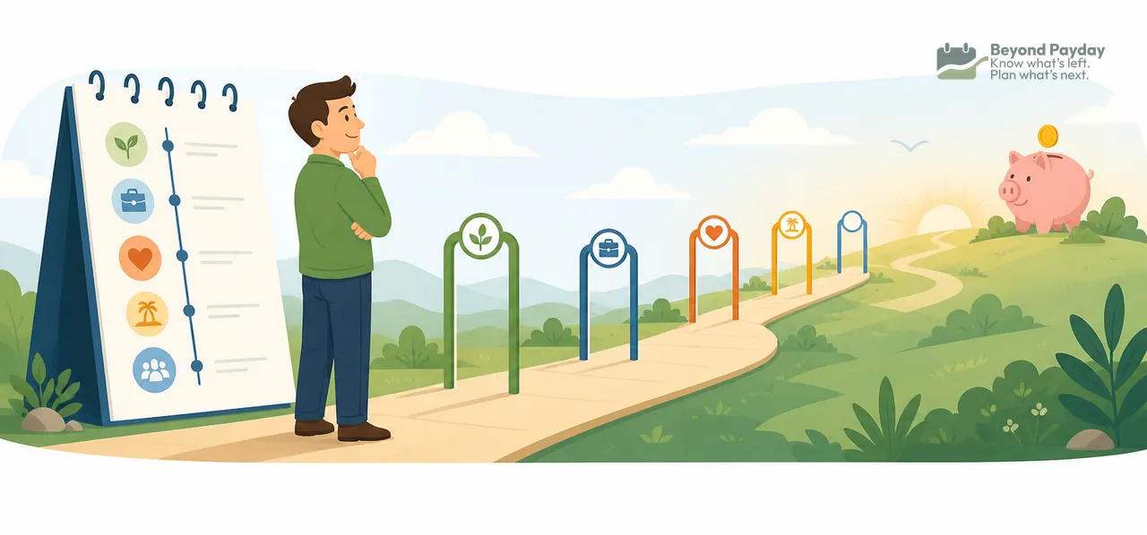 Man in green shirt stands thoughtfully beside a checklist, facing a winding path of stepping stones leading toward a piggy bank on a sunny hillside.