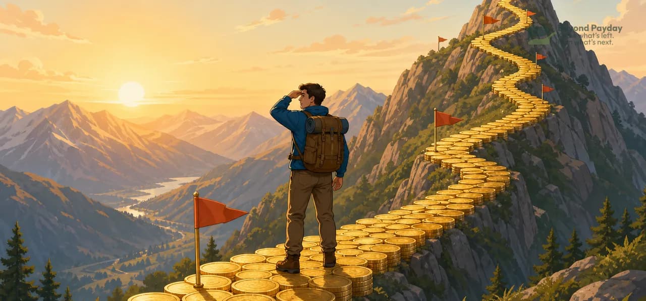 Hiker with backpack stands on a winding path of gold coins climbing a mountain peak, gazing toward a sunrise over distant valleys, symbolizing financial growth and retirement goals.