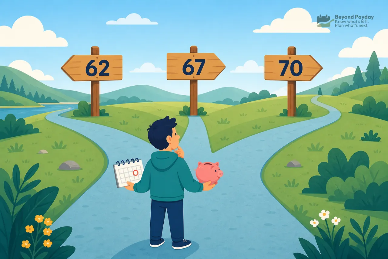 Person at a three-way path holding a calendar and piggy bank, facing wooden signposts labeled 62, 67, and 70 in a scenic landscape with rolling hills and a blue sky.