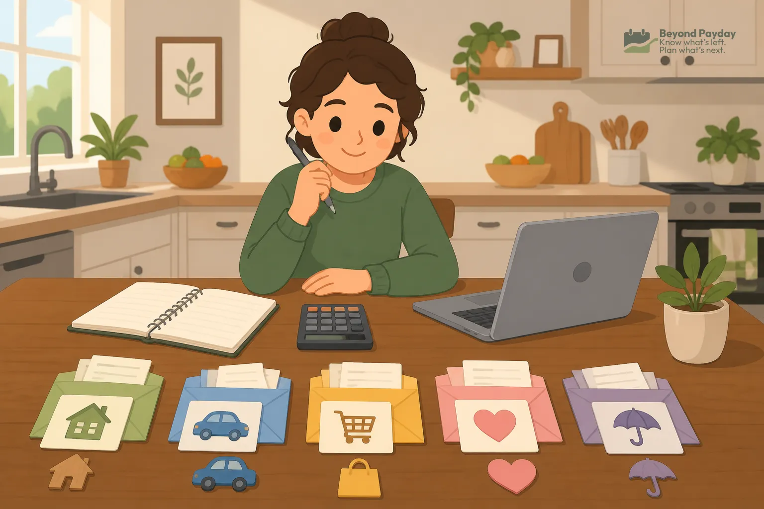 Woman in green shirt sits at kitchen table sorting colorful budget category cards (housing, transportation, shopping, savings, insurance) while working on laptop and notebook.