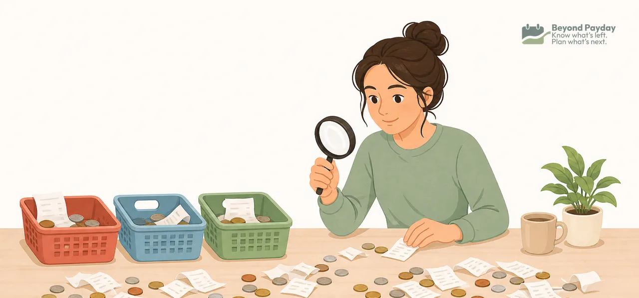 Woman with dark hair in green shirt examines coins and receipts with magnifying glass at table, with three colored baskets and a potted plant beside her, representing expense tracking and financial organization.