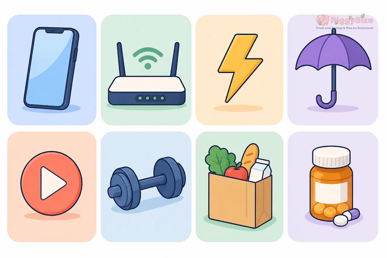 Eight pastel-colored square icons arranged in a 4x2 grid showing a smartphone, WiFi router, lightning bolt, umbrella, play button, dumbbell, grocery bag with produce, and medicine bottle.