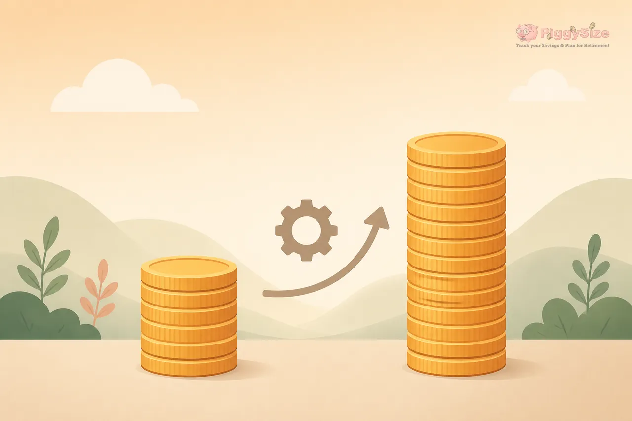 Two stacked coin piles connected by an upward arrow and gear icon, with the right stack taller than the left, set against a soft beige landscape with gentle hills and plants.