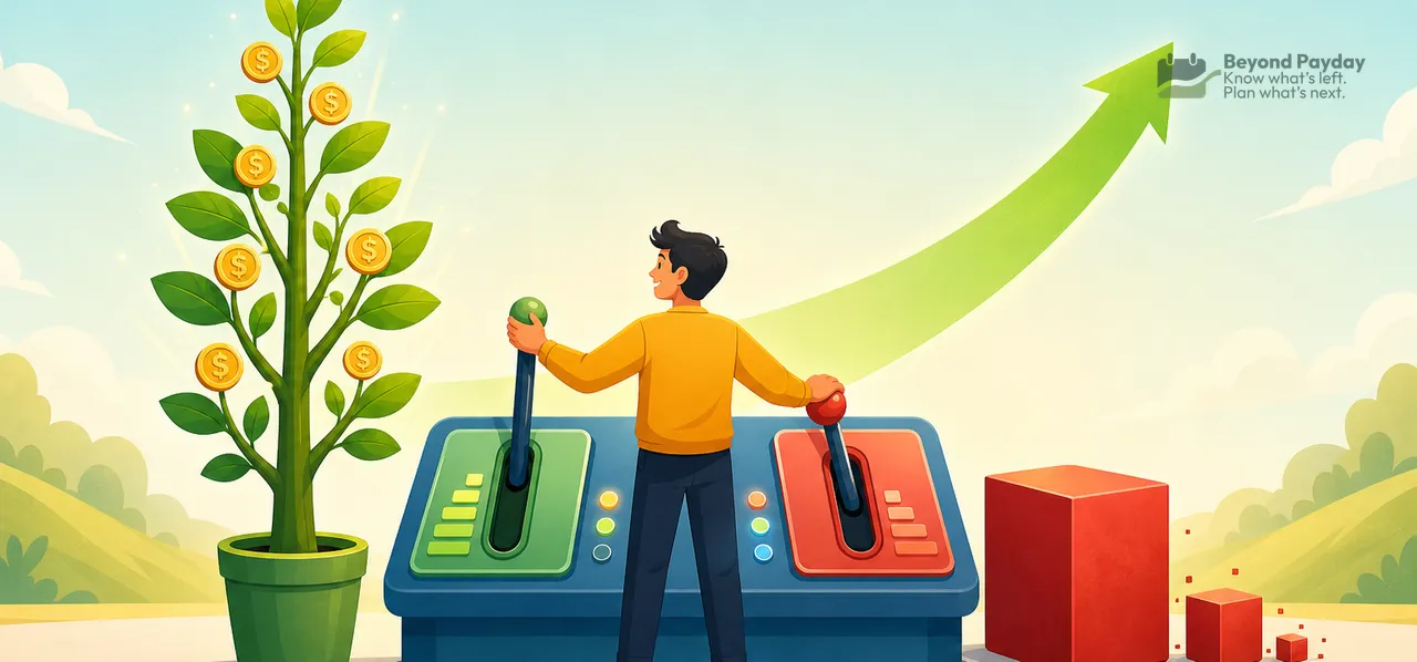 A person in an orange shirt stands between two financial control panels, holding dollar-sign coins, with a money tree on the left, an upward-trending green arrow above, and red bar chart blocks on the right against a light sky background.