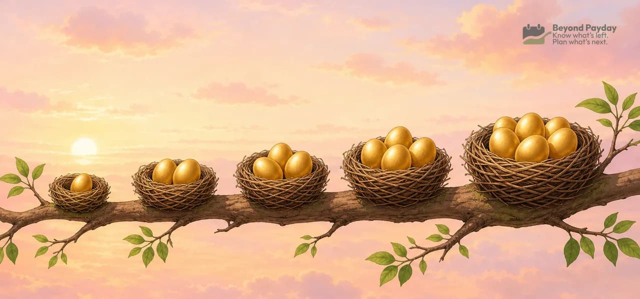 Five woven nests containing progressively more golden eggs sit along a leafy branch against a pink sunset sky, symbolizing growing savings and retirement planning.