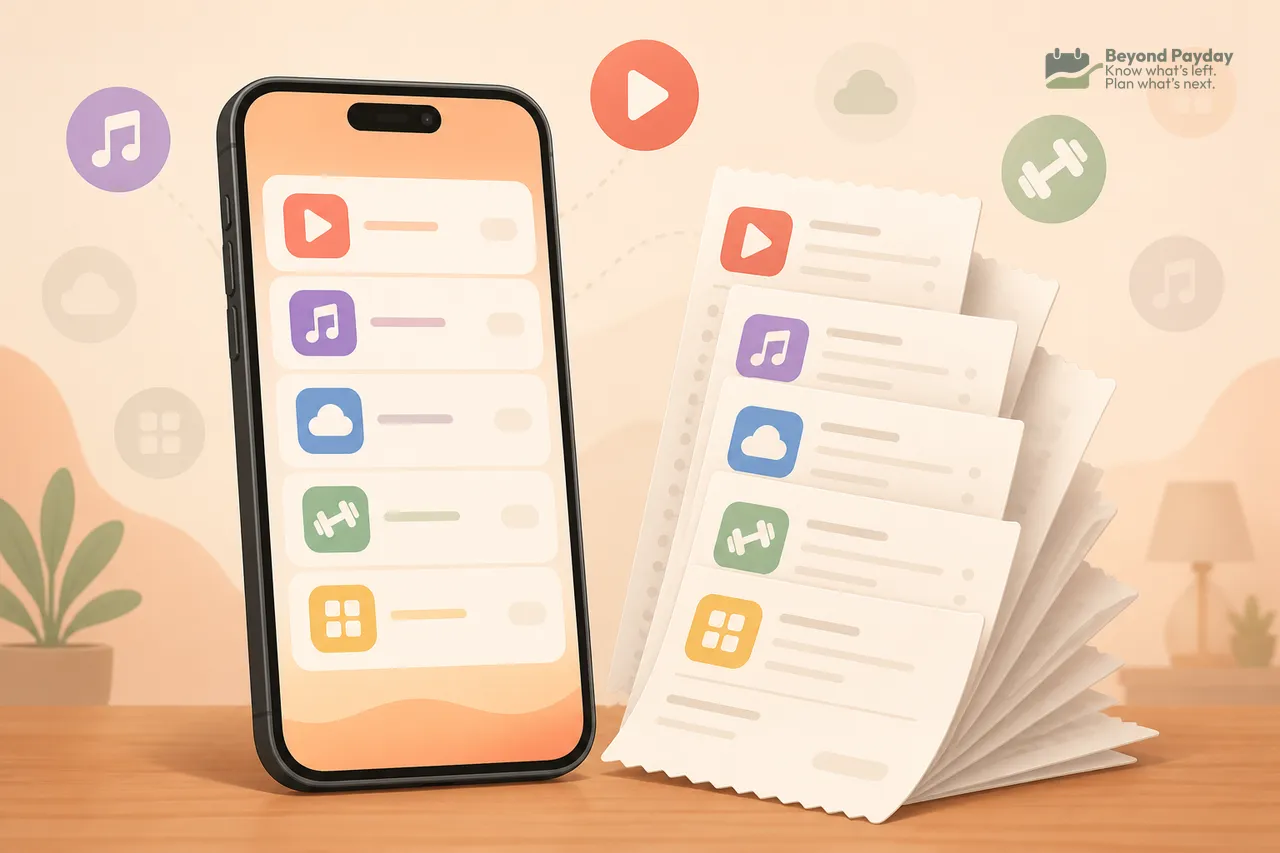 Smartphone displaying a list of colorful app icons next to a fanned stack of paper receipts, with soft-colored subscription icons floating in the background on a warm beige desktop scene.