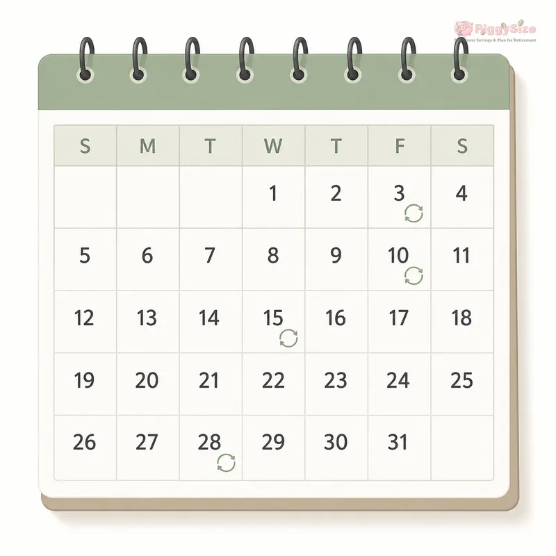 Spiral-bound calendar page with muted green header showing a month view, with small circular icons containing repeat arrows marked on dates 3, 10, 15, and 29 to indicate recurring payments or check-in dates.