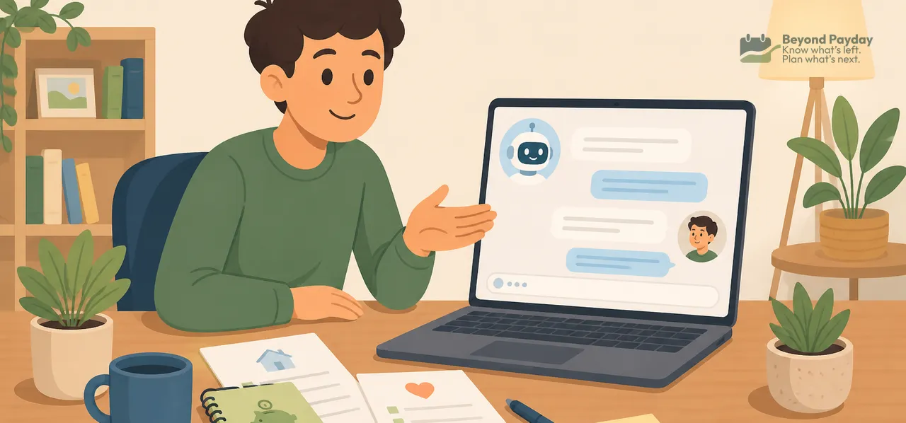 Person at wooden desk smiling at laptop displaying a chat interface, surrounded by budget papers, a notebook, coffee mug, and potted plants in a warm home office.