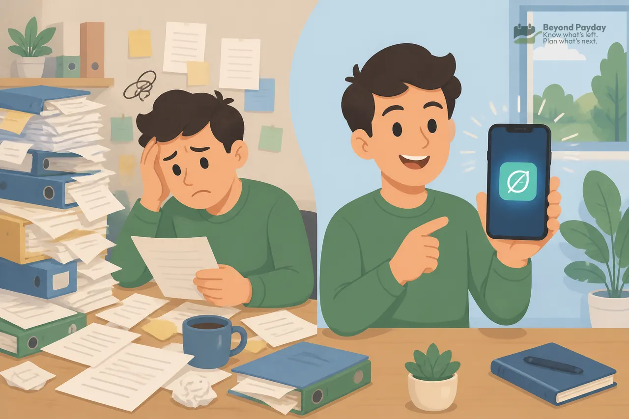 Two men in green shirts at a wooden desk—one overwhelmed surrounded by stacks of papers and files, the other smiling while holding a smartphone displaying a checkmark icon, symbolizing digital organization versus paper clutter.