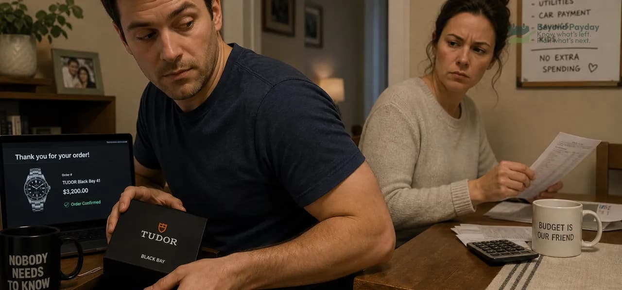 A couple sits at a table reviewing their budget, with the man looking concerned at a luxury watch purchase on his laptop screen while the woman holds a budget document with a disapproving expression.