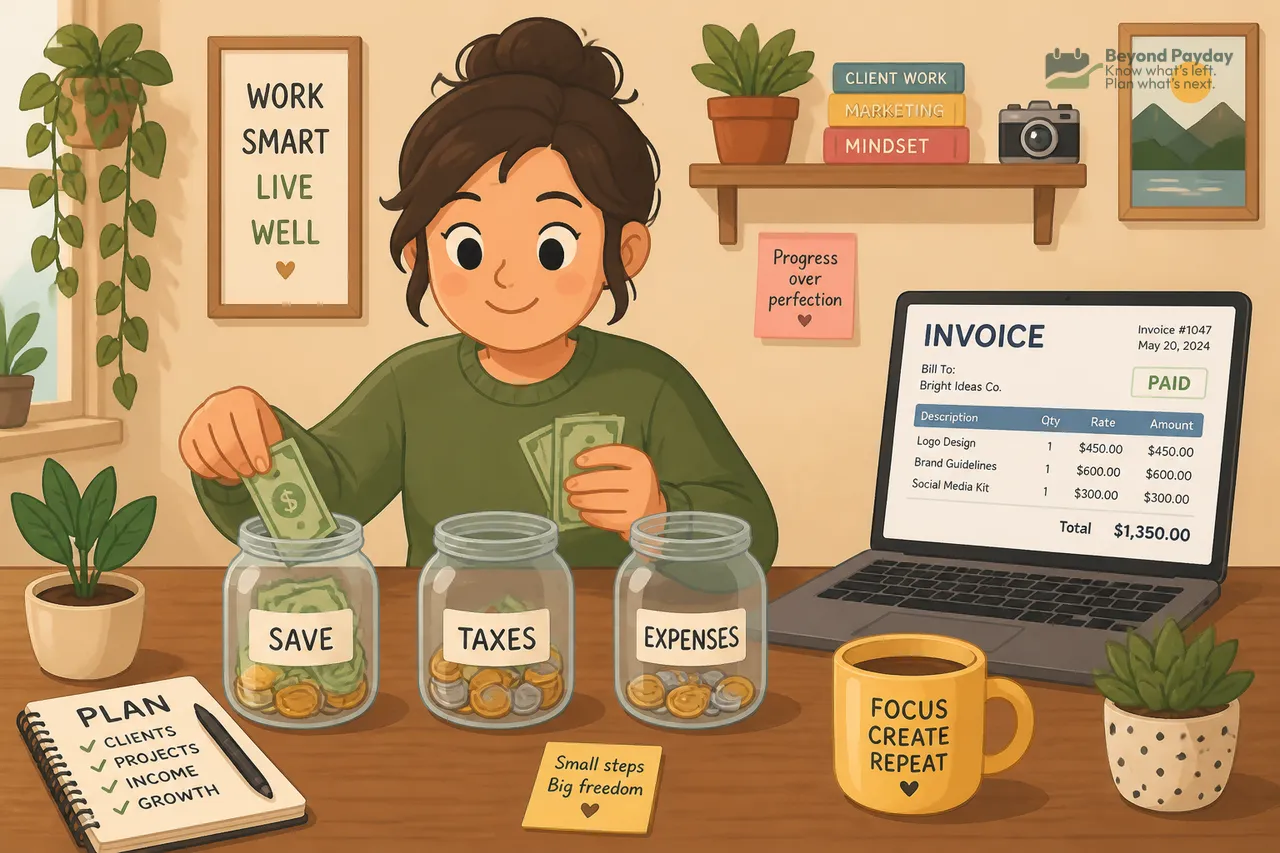 A smiling freelancer sits at a desk sorting cash and coins into three labeled jars—Save, Taxes, and Expenses—while an invoice displays on their laptop screen nearby.
