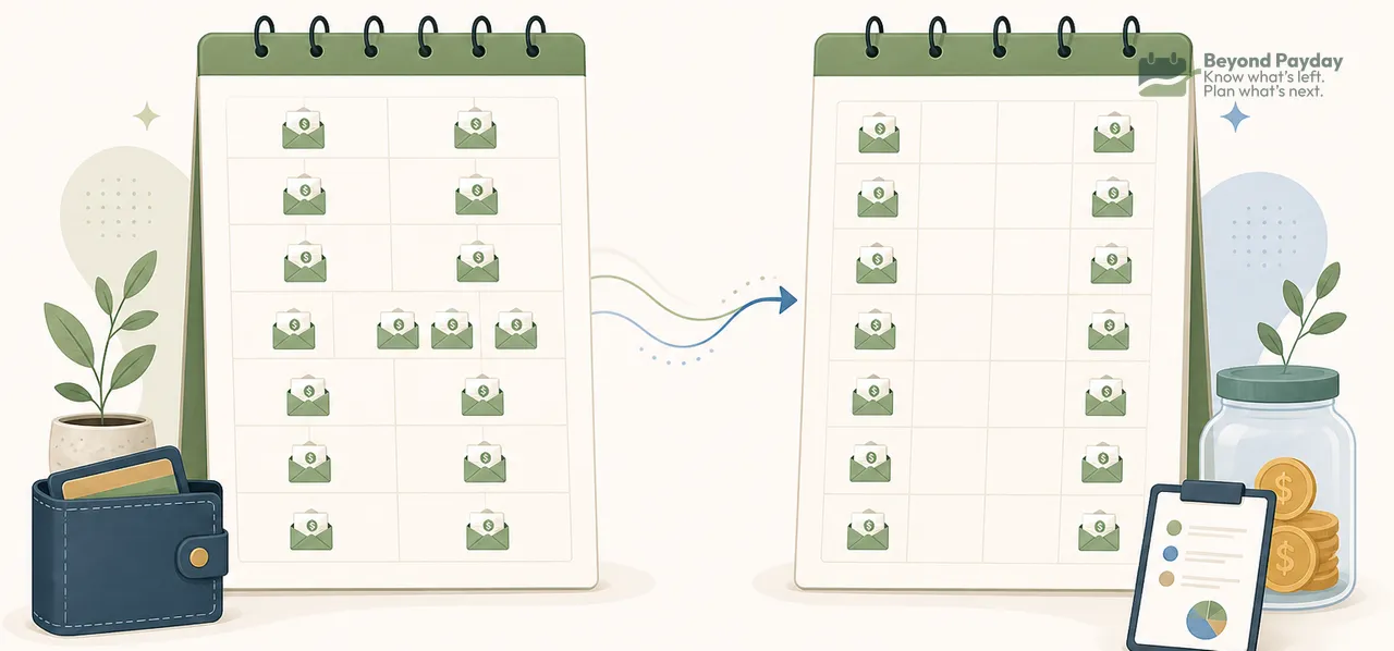 Two side-by-side calendars with money icons show different paycheck distribution patterns, with a wallet on the left and a piggy bank on the right connected by an arrow.