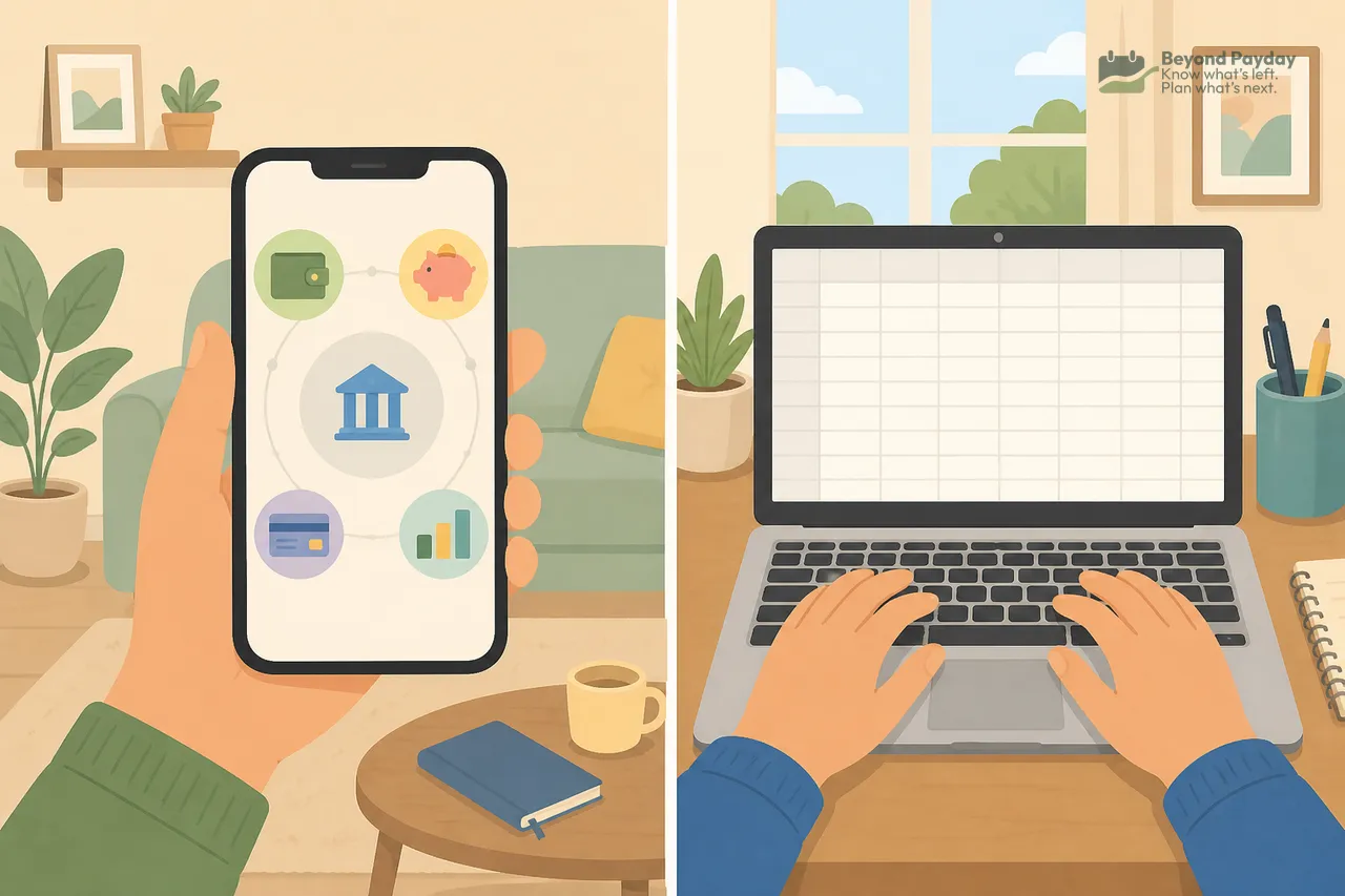 Hand holding a phone with banking icons beside a hand typing on a laptop with a blank spreadsheet