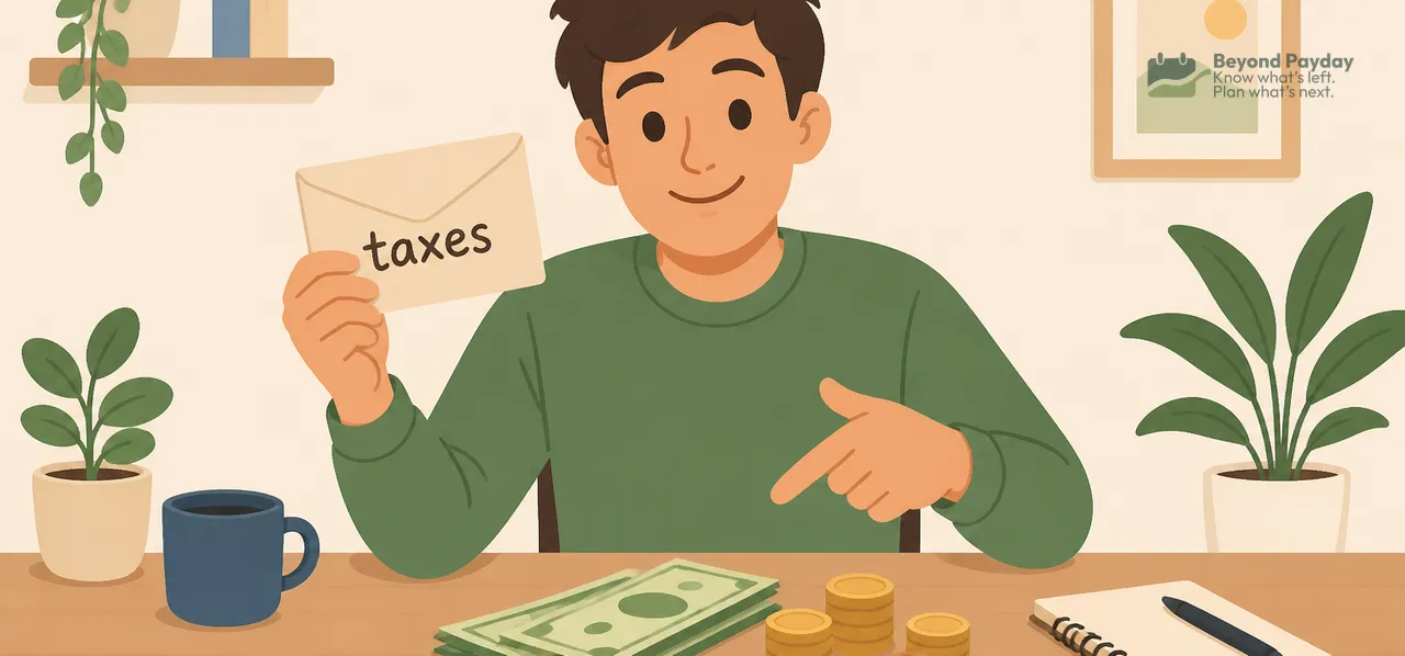 Smiling person in green shirt at desk holding a "taxes" document, with cash and coins spread before them, surrounded by potted plants and office supplies on a beige background.