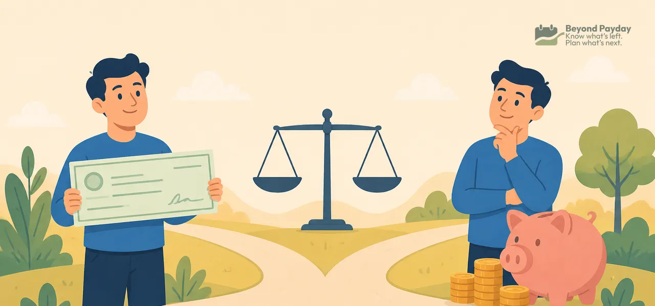 Two men in a sunny landscape face a balance scale, one holding a check and the other standing beside a piggy bank with stacked coins, representing the choice between lump sum and ongoing payments.