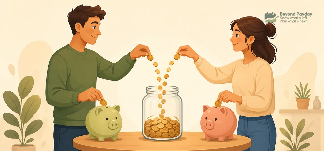 A man and woman deposit coins into piggy banks and a glass jar on a table, symbolizing joint savings and financial planning for retirement.