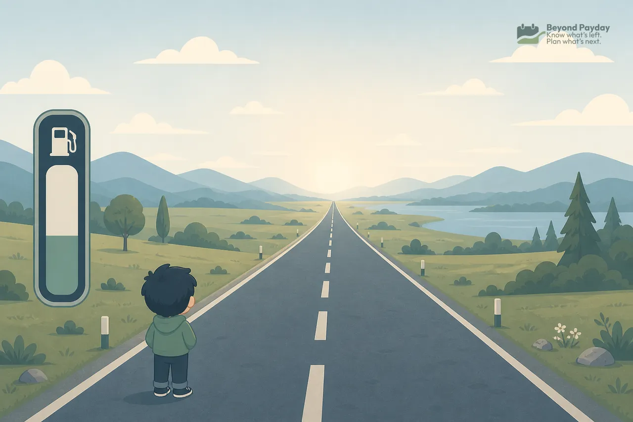 A child stands at the start of a long straight road stretching toward distant mountains, with a fuel pump station nearby and green countryside on either side under a clear sky.
