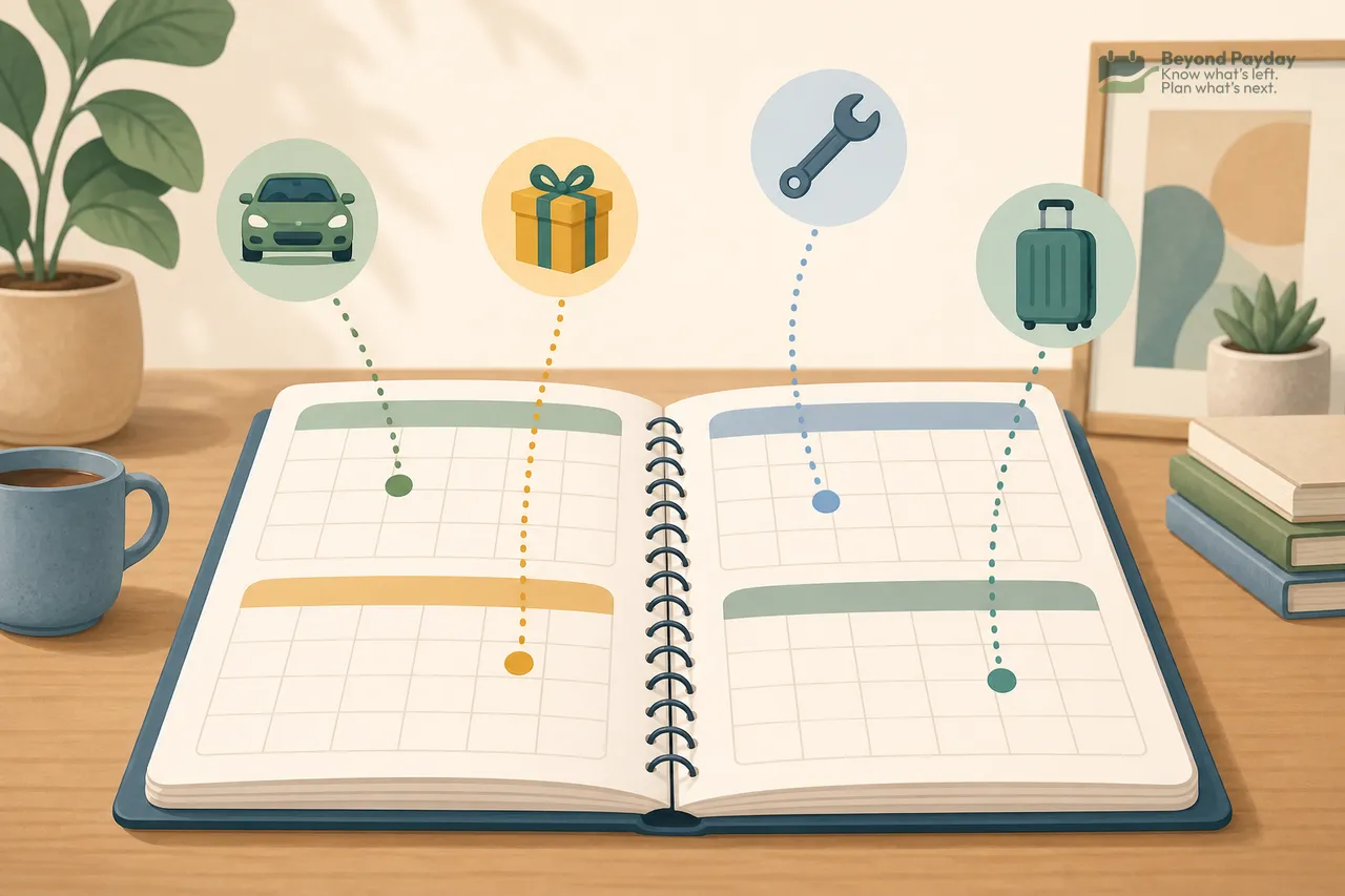 Open spiral-bound planner with dotted lines connecting scattered expense icons—car, gift box, wrench, and suitcase—above calendar pages, surrounded by desk items on warm wood surface.