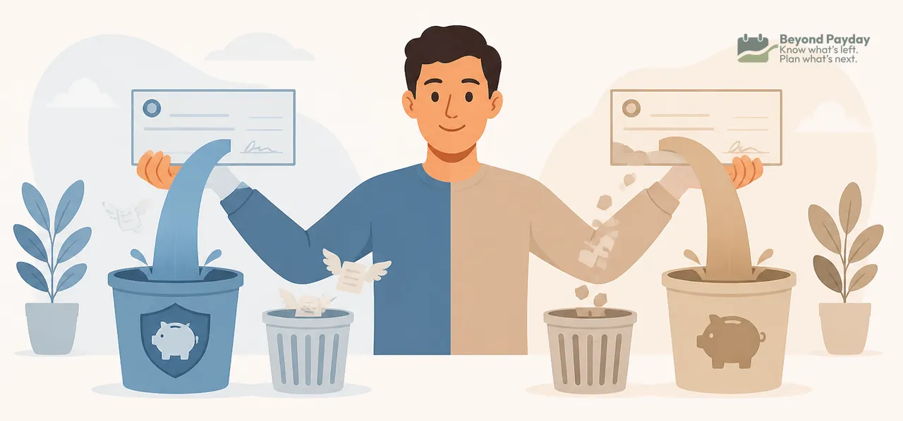 Man holding documents between a blue and a beige trash can, each marked with financial symbols, for two deduction types