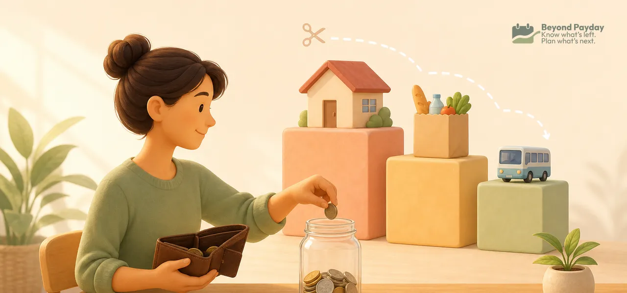 Woman dropping a coin into a savings jar while stacked blocks behind her display a house, groceries, and a bus, symbolizing financial planning for major life expenses.
