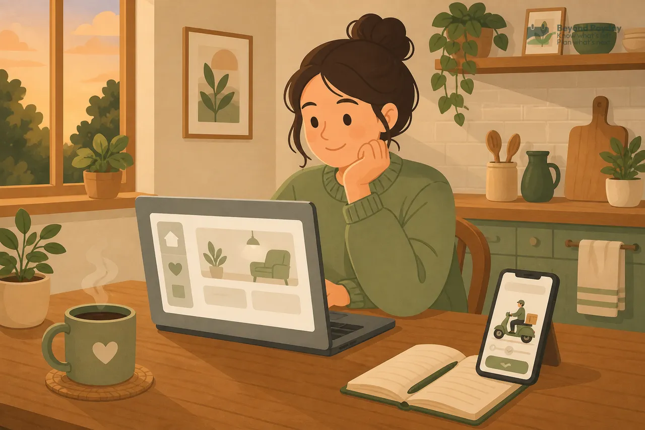 A woman in a green shirt sits thoughtfully at a wooden desk with a laptop displaying simple financial graphics, a smartphone, notebook, and coffee mug, surrounded by potted plants in a warm, softly-lit home office.