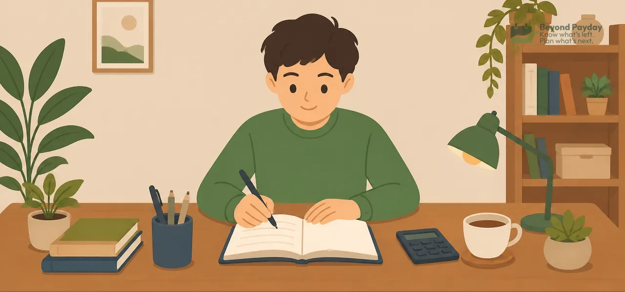 Young person in green shirt writing in an open notebook at a wooden desk surrounded by plants, books, and a coffee mug in a calm, organized home workspace.