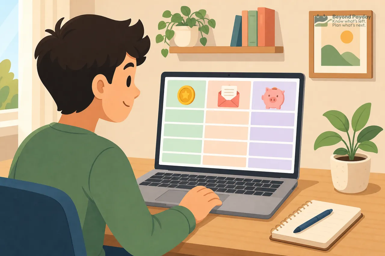 Person in green shirt seated at desk viewing a laptop with a colorful grid spreadsheet displayed, surrounded by a potted plant, notebook, wooden shelves with books, and framed landscape art on a warm-toned wall.