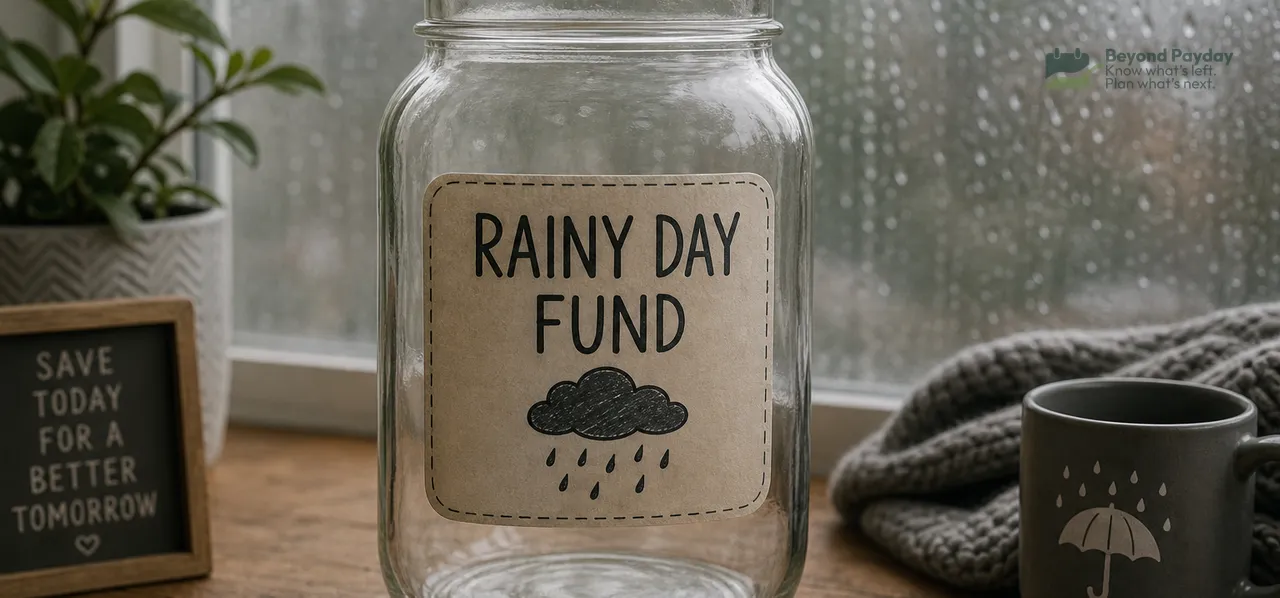 Clear glass jar labeled "Rainy Day Fund" with cloud and rain icon sits on wooden desk beside a plant, coffee mug with umbrella design, and motivational sign in front of rainy window.