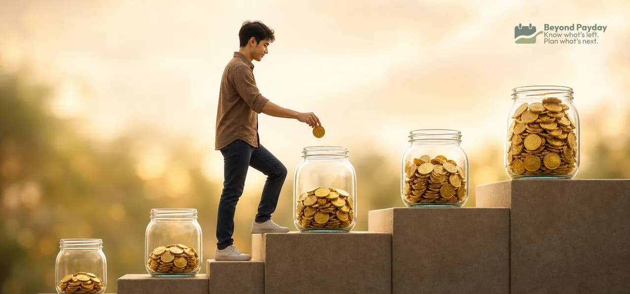 Young man stepping up ascending blocks, dropping a gold coin into progressively larger jars of coins, symbolizing growing savings and financial progress.