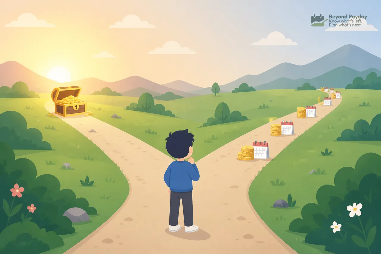 Person in blue shirt standing at a fork in a sunlit road: left path leads to a glowing treasure chest, right path shows stacked coins receding into distance, surrounded by rolling green hills and mountains.