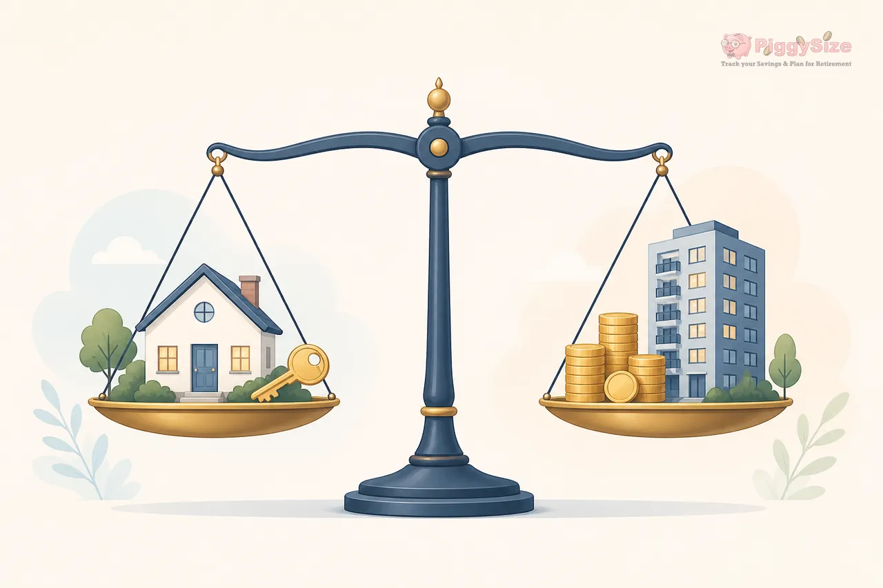 A brass balance scale with a small house and key on the left pan and stacked coins with an apartment building on the right pan, symbolizing the choice between homeownership and renting.