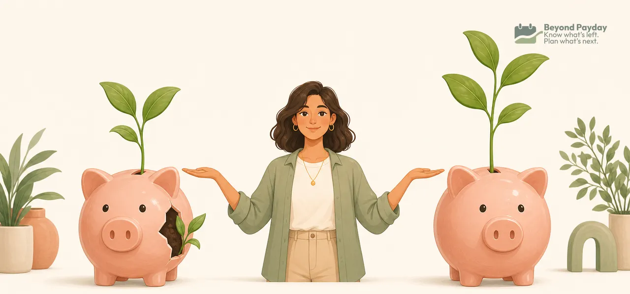 Woman in olive jacket stands between two pink piggy banks with growing plants, surrounded by potted greenery, symbolizing savings growth and financial planning.