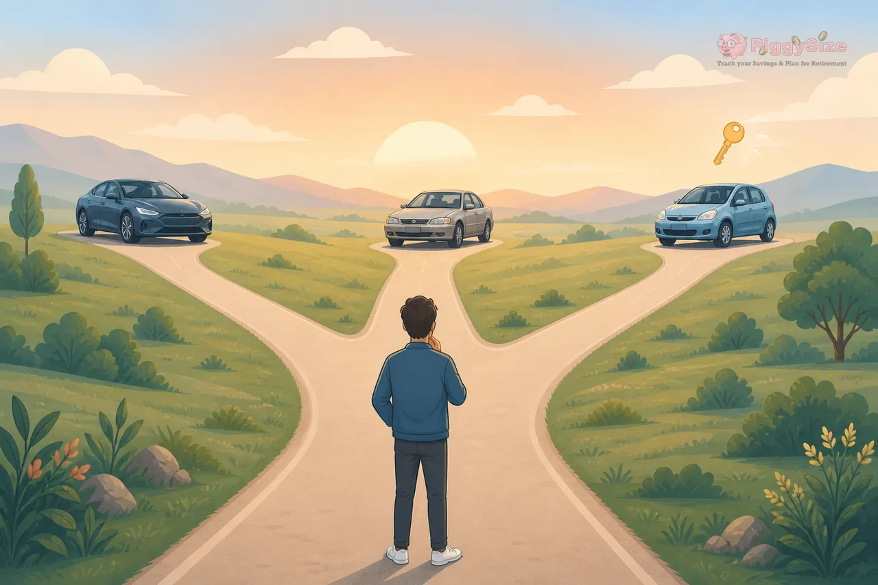 Person standing at a three-way fork in a dirt road, with three different cars on each path under a soft sunset sky with rolling green hills.