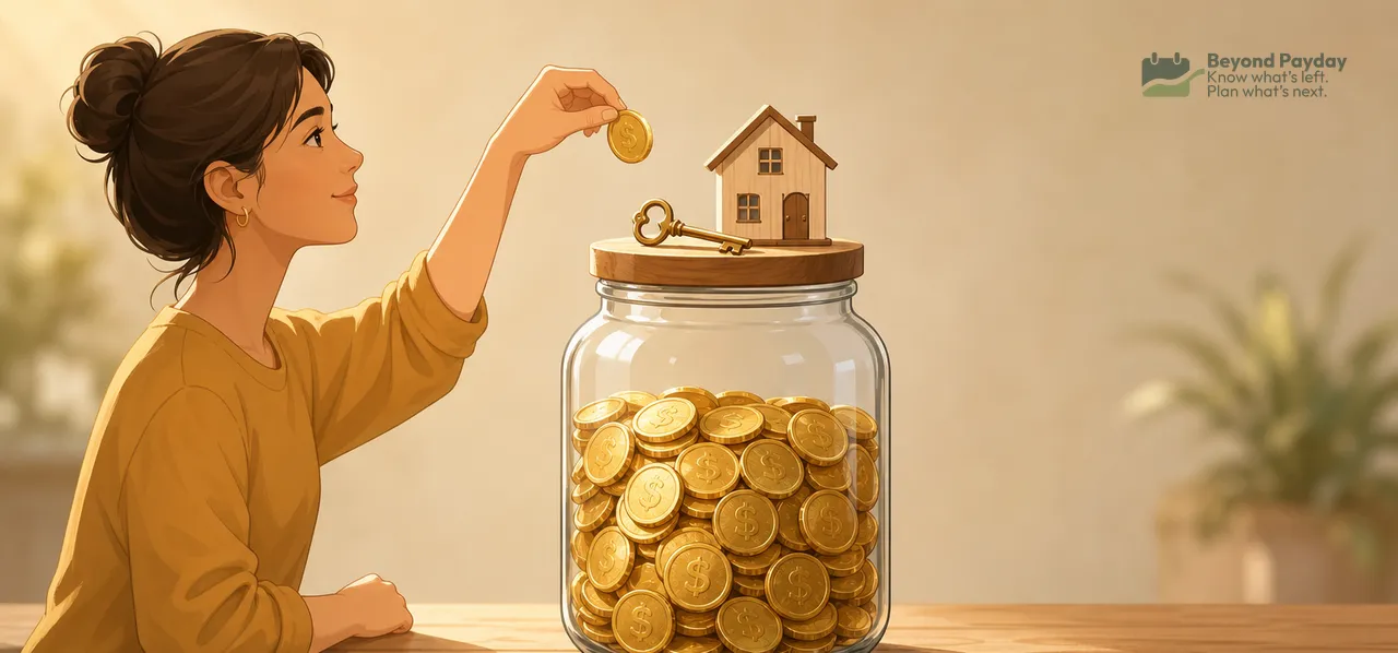 Woman in gold shirt dropping a coin into a glass jar filled with gold dollar coins, with a tiny house and key on top of the jar, symbolizing saving for homeownership.