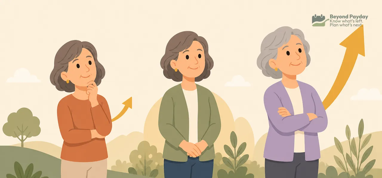 Three women of different ages standing in a garden landscape with upward-trending arrows, representing retirement planning decisions at different life stages.