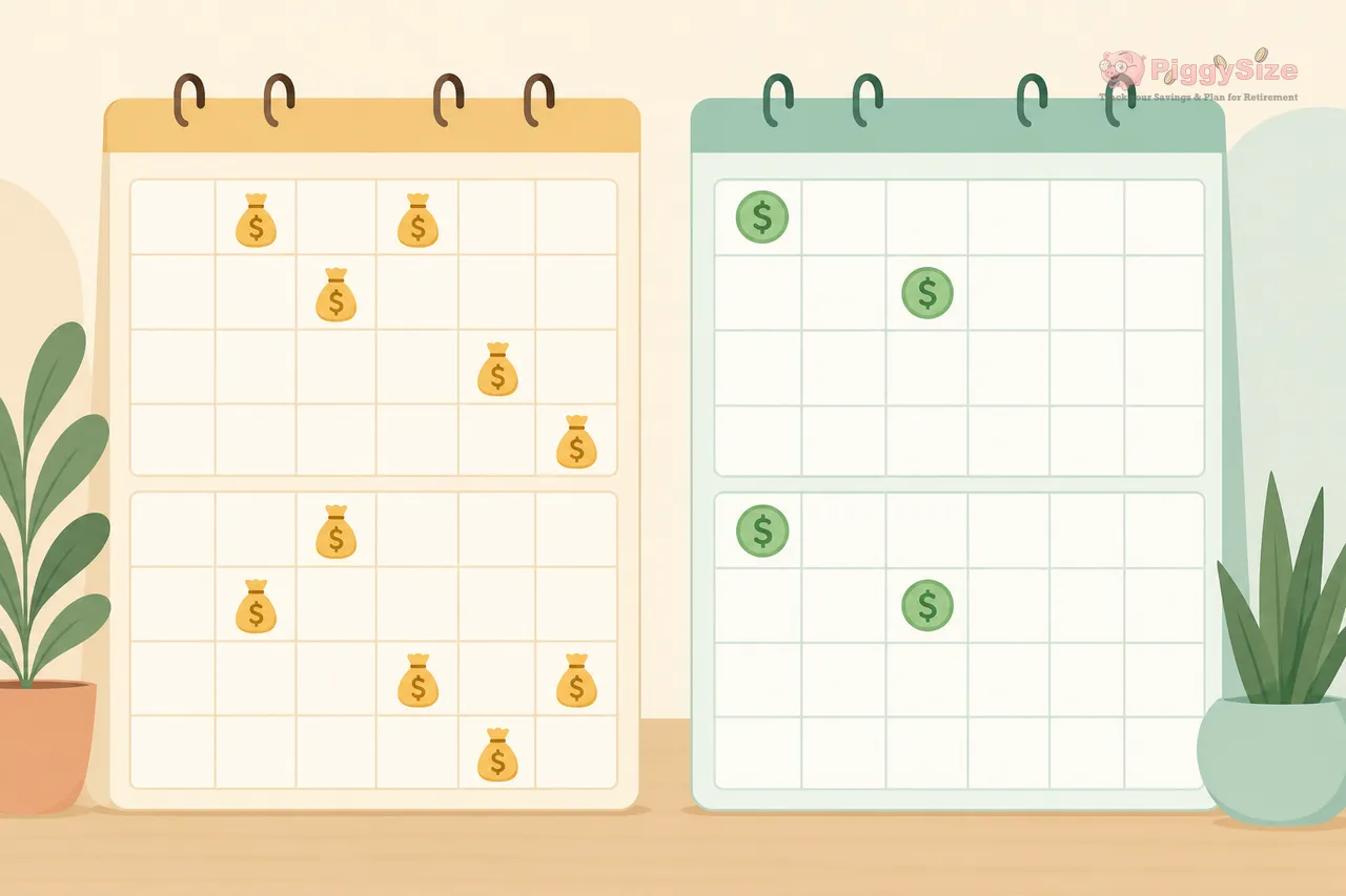 Two spiral-bound calendars side by side: the left tan calendar displays scattered dollar-sign icons representing irregular biweekly paychecks, while the right green calendar shows dollar-sign icons aligned to the same two dates each month for semi-monthly pay, flanked by potted plants.
