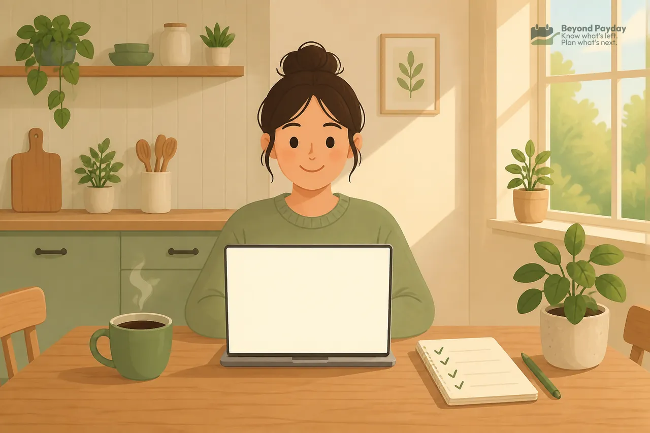 Woman with dark hair sitting at a wooden table with an open laptop, coffee mug, and notepad, surrounded by potted plants in a bright kitchen with sage-green cabinets.