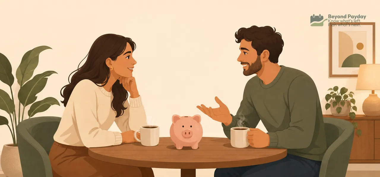 A couple sits at a round wooden table with coffee mugs, discussing finances while a pink piggy bank sits between them in a warm, plant-filled living room.